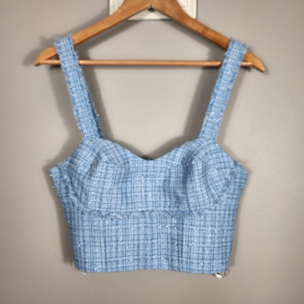 Guess Blue Metallic Tweed Fringed Emily Sleeveless Sweetheart Crop Top M - Picture 3 of 10